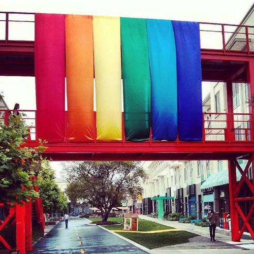 Facebook hangs a rainbow flag at its headquarters in Menlo Park, California.