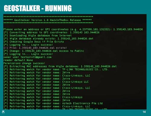 Trustwave researchers also wrote GeoStalker, a Python script that gathers data from web services tagged with certain location coordinates.