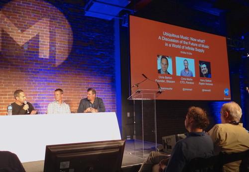 Chris Barton, founder of Shazam, left, and Chris Martin, middle, CTO at Pandora, spoke about the future of music at the M1 mobile summit on Nov. 13, 2014, with Harry DeMott of Raptor Ventures. 