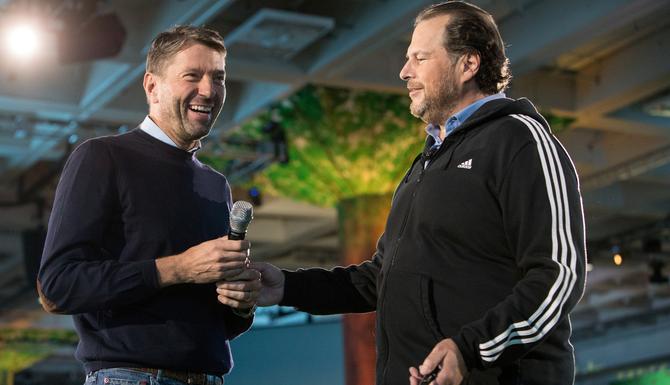 Adidas CEO, Kasper Rorsted (left) with Salesforce chairman and CEO, Marc Benioff
