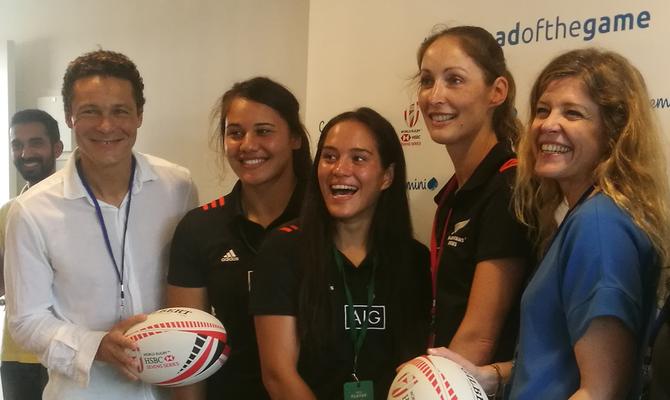 Nicolas Aidoud (left) and Virginie Regis (right) with players from the New Zealand Rugby Sevens womens' team