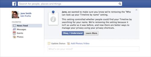 Facebook's reminder it will remove the "Who can look up your Timeline by name' setting