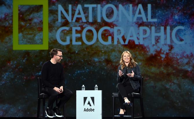 National Geographic's Jill Cress on stage at the Adobe Summit 2017 with Adobe EVP and GM of digital marketing, Brad Rencher