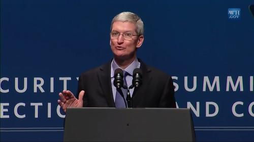 Tim Cook speaks at the White House Summit on Cybersecurity and Consumer Protection at Stanford University. (Screenshot from live Web conference.)